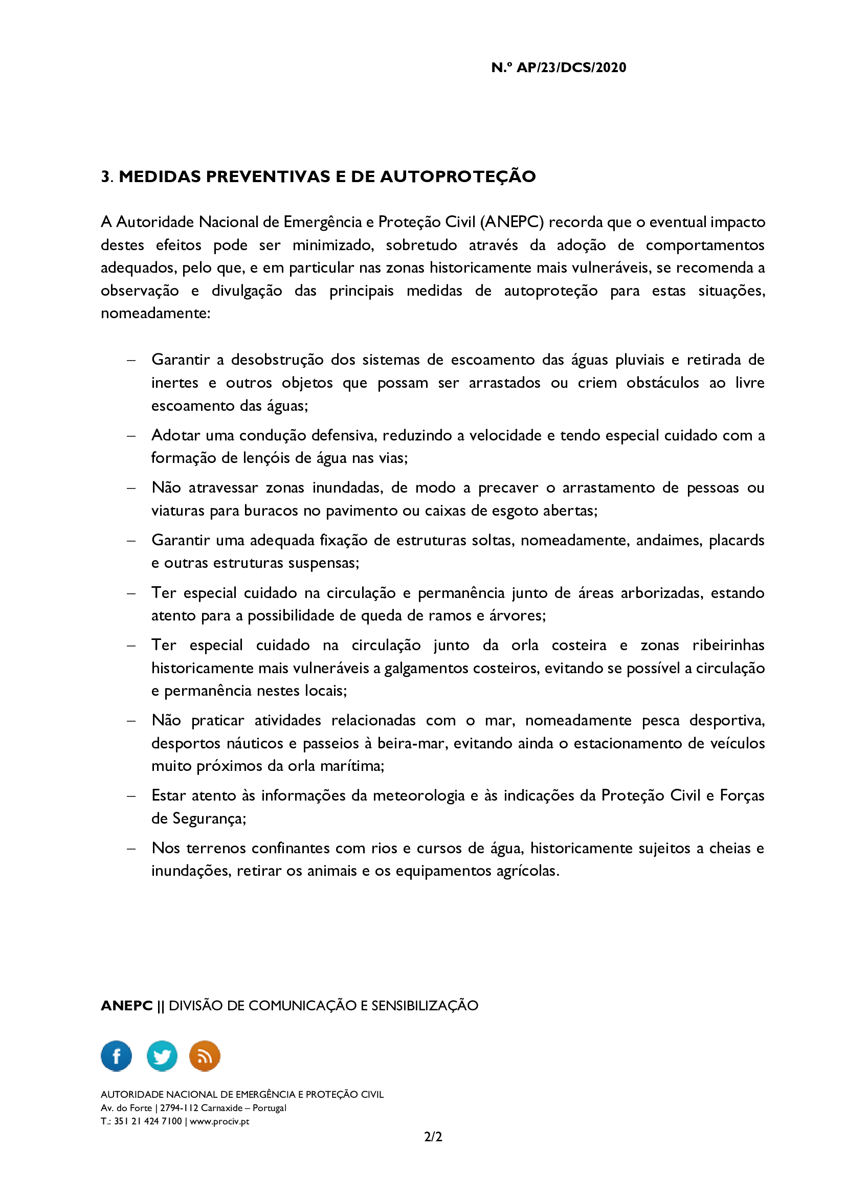 AVISO À POPULAÇÃO CONDIÇÕES METEOROLÓGICAS ADVERSAS MEDIDAS PREVENTIVAS 18OUT2020 2 of 2